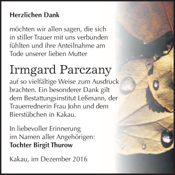 Traueranzeige von Irmgard Parczany von WVG - Wochenspiegel Wittenberg