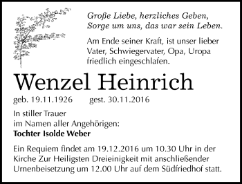 Traueranzeige von Wenzel Heinrich von Mitteldeutsche Zeitung Halle/Saalkreis