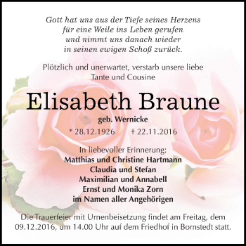 Traueranzeige von Elisabeth Braune von Wochenspiegel Mansfelder Land