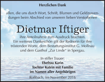 Traueranzeige von Dietmar Iftiger von WVG - Wochenspiegel Merseburg