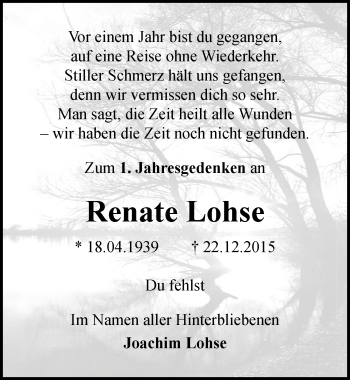 Traueranzeige von Renate Lohse von Mitteldeutsche Zeitung Dessau-Roßlau