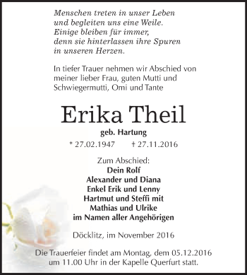 Traueranzeige von Erika Theil von WVG - Wochenspiegel Merseburg