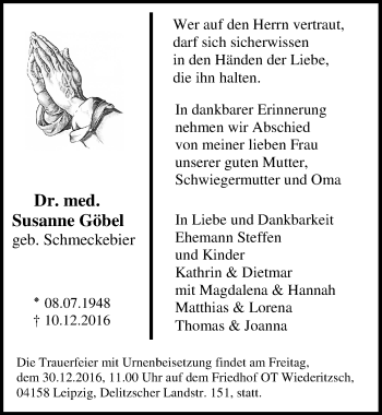 Traueranzeige von Susanne Göbel von Mitteldeutsche Zeitung Halle/Saalkreis