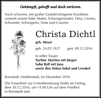 Traueranzeige von Christa Dichtl von Mitteldeutsche Zeitung Mansfelder Land