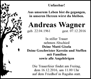 Traueranzeige von Andreas Wagner von Mitteldeutsche Zeitung Bitterfeld