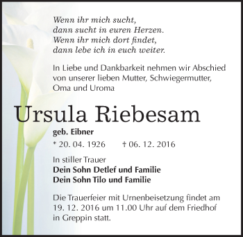 Traueranzeige von Ursula Riebesam von Mitteldeutsche Zeitung Bitterfeld