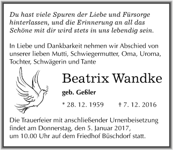 Traueranzeige von Beatrix Wandke von Mitteldeutsche Zeitung Halle/Saalkreis