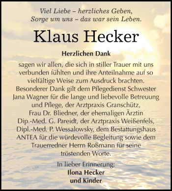 Traueranzeige von Klaus Hecker von WVG - Wochenspiegel NMB / WSF / ZTZ