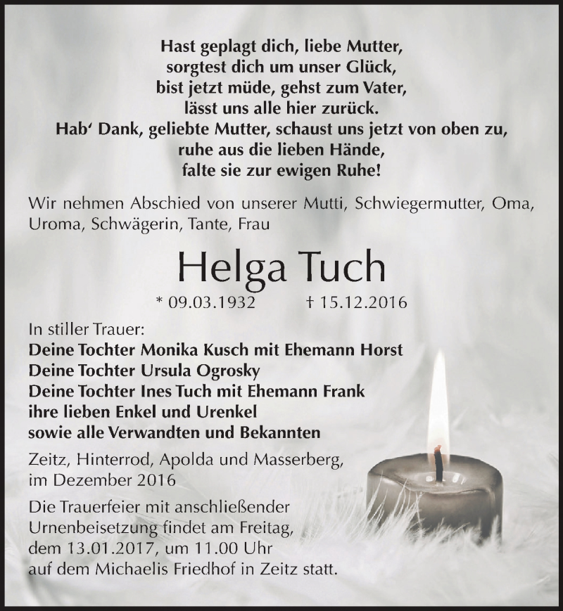  Traueranzeige für Helga Tuch vom 24.12.2016 aus Mitteldeutsche Zeitung Zeitz