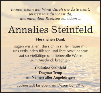 Traueranzeige von Annalies Steinfeld von Mitteldeutsche Zeitung Mansfelder Land