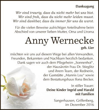 Traueranzeige von Anny Wernecke von Super Sonntag SGH Mansf. Land