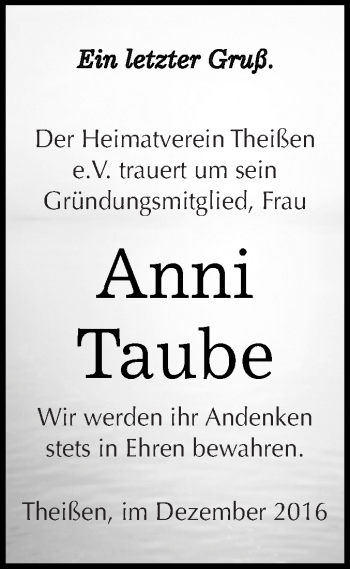 Traueranzeige von Anni Taube von Super Sonntag Zeitz