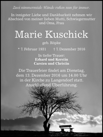 Traueranzeige von Marie Kuschick von Super Sonntag Zeitz