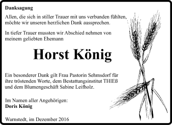 Traueranzeige von Horst König von Super Sonntag Quedlinburg