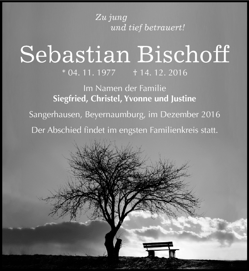  Traueranzeige für Sebastian Bischoff vom 17.12.2016 aus Mitteldeutsche Zeitung Sangerhausen