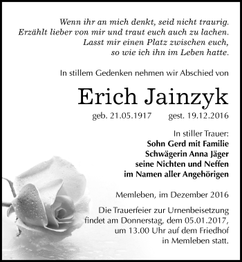 Traueranzeige von Erich Jainzyk von Mitteldeutsche Zeitung Naumburg/Nebra