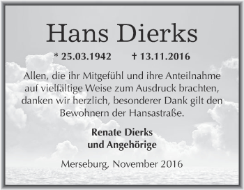 Traueranzeige von Hans Dierks von Super Sonntag Merseburg