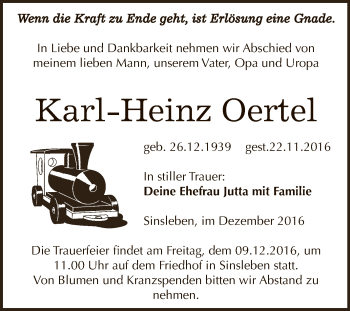 Traueranzeige von Karl Heinz Oertel von Super Sonntag Aschersleben