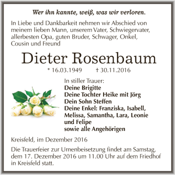 Traueranzeige von Dieter Rosenbaum von Wochenspiegel Mansfelder Land