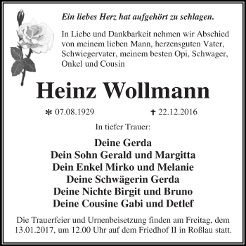 Traueranzeige von Heinz Wollmann von WVG - Wochenspiegel Dessau / Köthen
