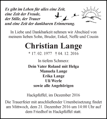 Traueranzeige von Christian Lange von Super Sonntag SGH Mansf. Land