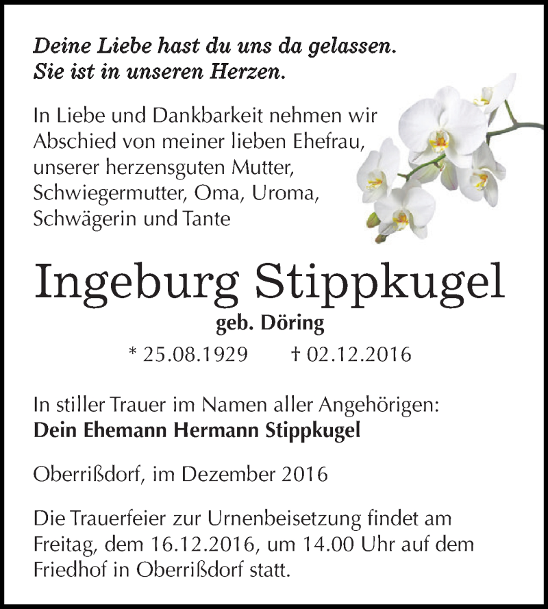  Traueranzeige für Ingeburg Stippkugel vom 14.12.2016 aus Wochenspiegel Mansfelder Land