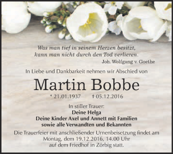 Traueranzeige von Martin Bobbe von WVG - Wochenspiegel Bitterfeld