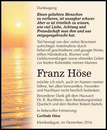 Traueranzeige von Franz Höse von WVG - Wochenspiegel Dessau / Köthen