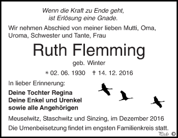 Traueranzeige von Ruth Flemming von Super Sonntag Zeitz