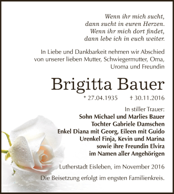 Traueranzeige von Brigitta Bauer von Wochenspiegel Mansfelder Land