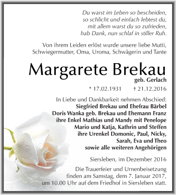Traueranzeige von Margarete Brekau von Wochenspiegel Mansfelder Land