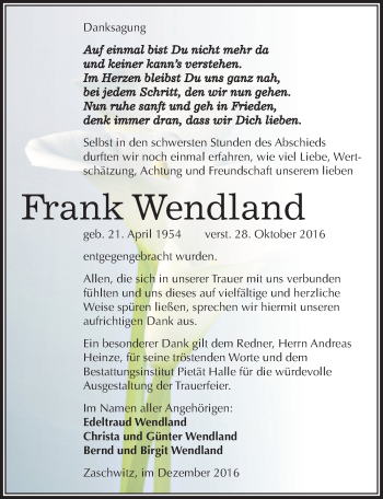 Traueranzeige von Frank Wendland von Mitteldeutsche Zeitung Halle/Saalkreis