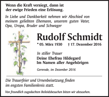Traueranzeige von Rudolf Schmidt von WVG - Wochenspiegel Quedlinburg