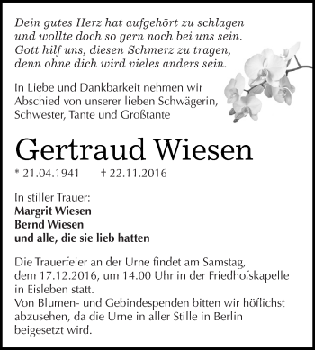 Traueranzeige von Gertraud Wiesen von Super Sonntag SGH Mansf. Land
