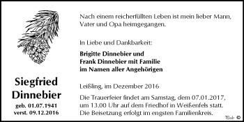 Traueranzeige von Siegfried Dinnebier von Mitteldeutsche Zeitung Weißenfels