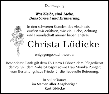 Traueranzeige von Christa Lüdicke von Mitteldeutsche Zeitung Dessau-Roßlau