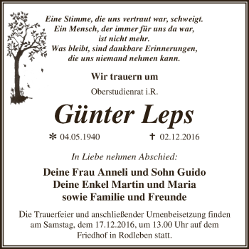 Traueranzeige von Günter Leps von WVG - Wochenspiegel Dessau / Köthen