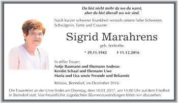 Traueranzeige von Sigrid Marahrens von Wochenspiegel Mansfelder Land