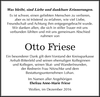 Traueranzeige von Otto Friese von Mitteldeutsche Zeitung Bitterfeld