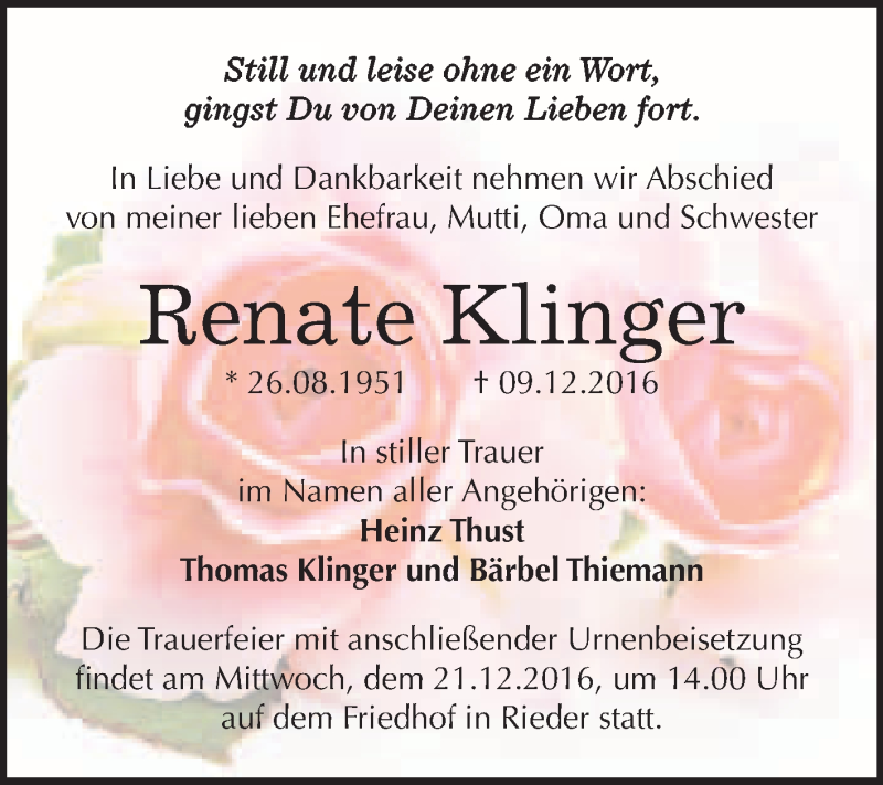  Traueranzeige für Renate Klinger vom 17.12.2016 aus WVG - Wochenspiegel Quedlinburg