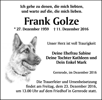 Traueranzeige von Frank Golze von Mitteldeutsche Zeitung Quedlinburg
