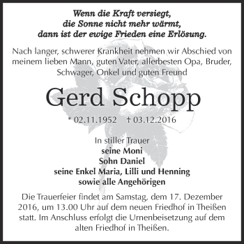 Traueranzeige von Gerd Schopp von Super Sonntag Zeitz