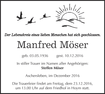 Traueranzeige von Manfred Möser von Super Sonntag Aschersleben