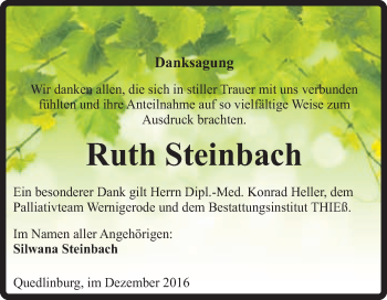 Traueranzeige von Ruth Steinbach von Super Sonntag Quedlinburg