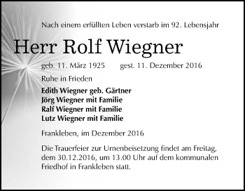 Traueranzeige von Rolf Wiegner von WVG - Wochenspiegel Merseburg