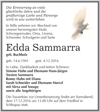Traueranzeige von Edda Sammarra von WVG - Wochenspiegel Merseburg