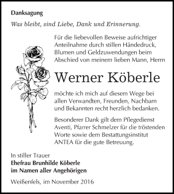 Traueranzeige von Werner Köberle von WVG - Wochenspiegel NMB / WSF / ZTZ
