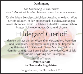 Traueranzeige von Hildegard Gierloff von Super Sonntag SGH Mansf. Land