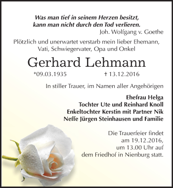 Traueranzeige von Gerhard Lehmann von Mitteldeutsche Zeitung Bernburg