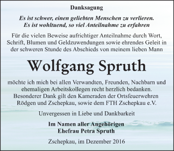 Traueranzeige von Wolfgang Spruth von Mitteldeutsche Zeitung Bitterfeld